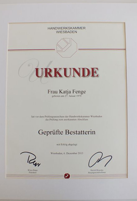 Urkunde Geprüfte Bestatterin